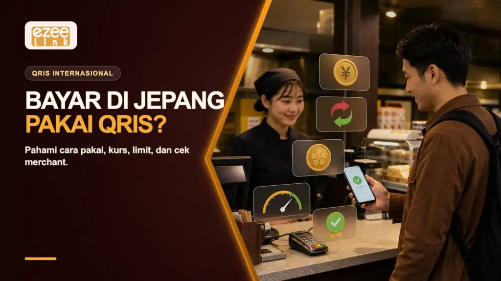 Wisatawan Indonesia membayar di merchant Jepang dengan ponsel serta indikator kurs, limit, dan transaksi berhasil.