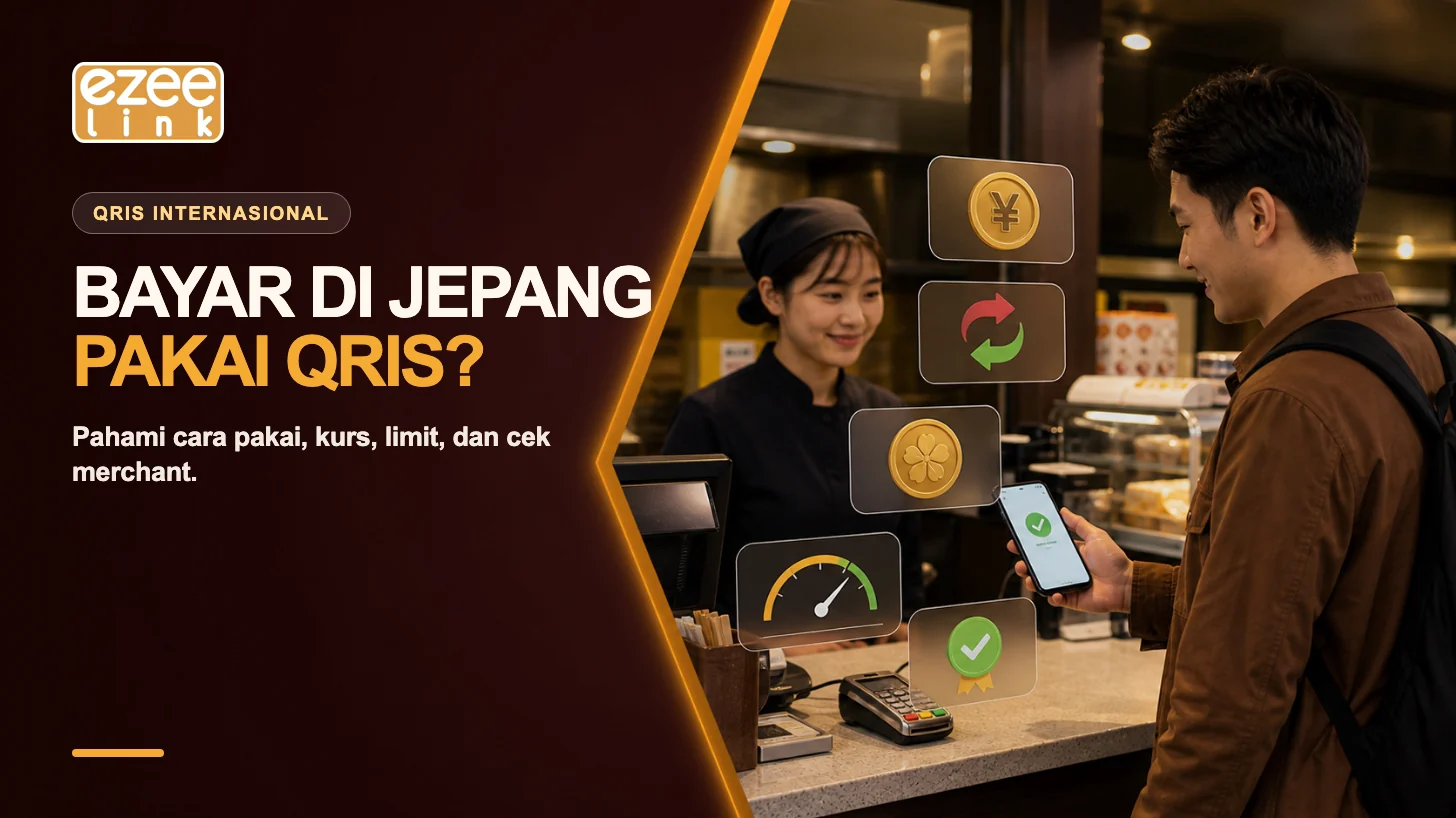 Wisatawan Indonesia membayar di merchant Jepang dengan ponsel serta indikator kurs, limit, dan transaksi berhasil.