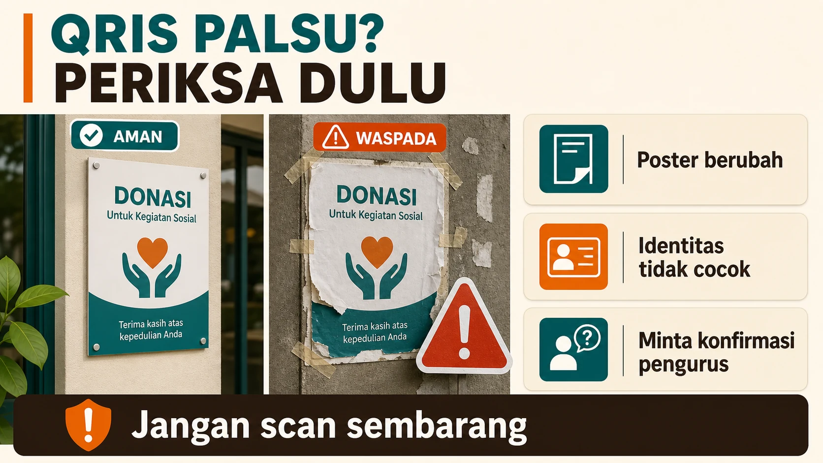 Tanda fisik QRIS mencurigakan pada stiker, papan donasi, dan area pemasangan.