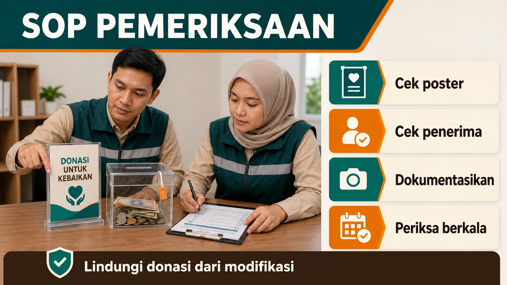 SOP pengurus untuk otorisasi, inspeksi, pencatatan, dan penggantian QRIS kotak amal.