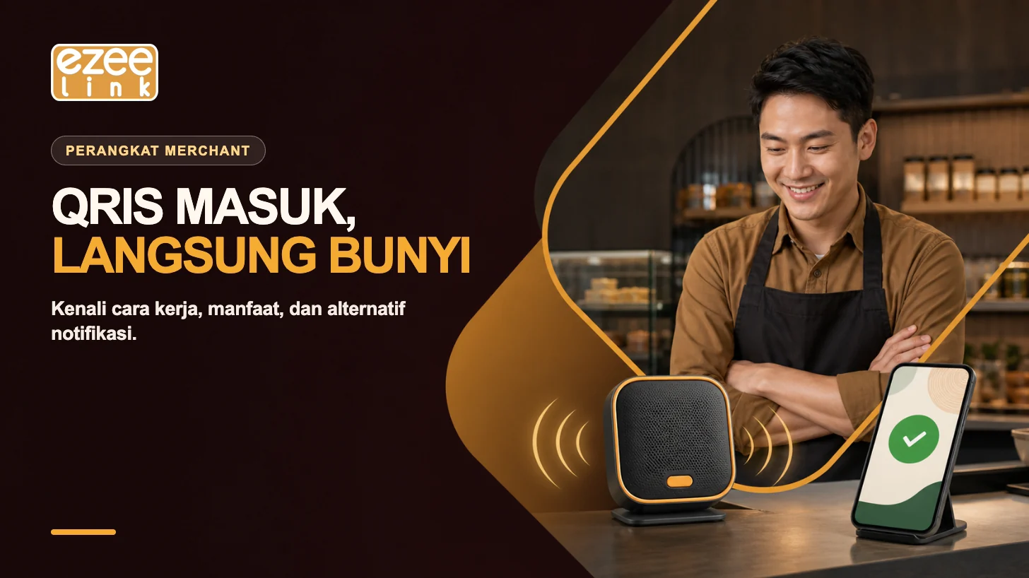 Merchant menerima konfirmasi pembayaran melalui QRIS soundbox dengan indikator suara dan status transaksi berhasil.