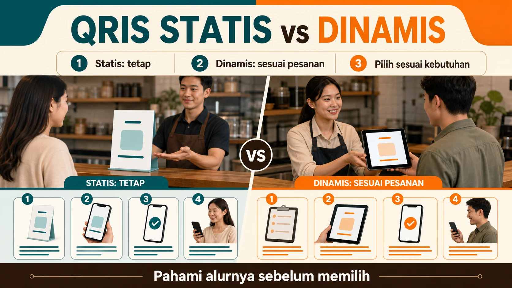 QRIS statis dan dinamis dibandingkan berdasarkan pengisian nominal dan penggunaan per transaksi.