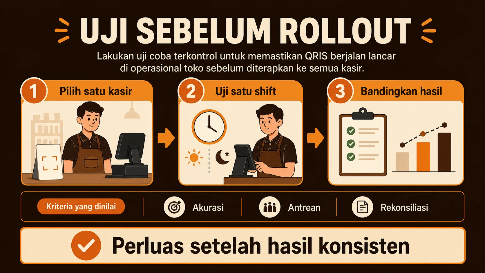 Uji QRIS pada satu alur kasir sebelum diterapkan ke seluruh titik pembayaran.