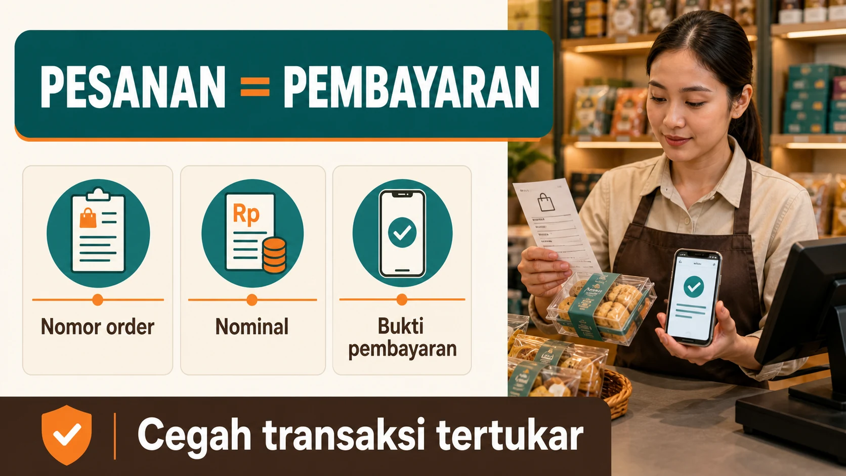 Alur order, total belanja, pembayaran, verifikasi, dan penyimpanan referensi transaksi.