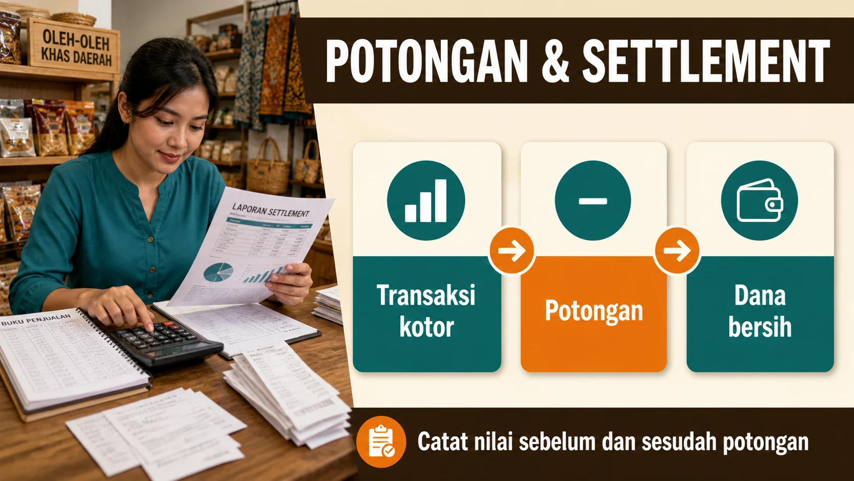 Rekonsiliasi gross, MDR, net, settlement, dan selisih penjualan toko oleh-oleh.