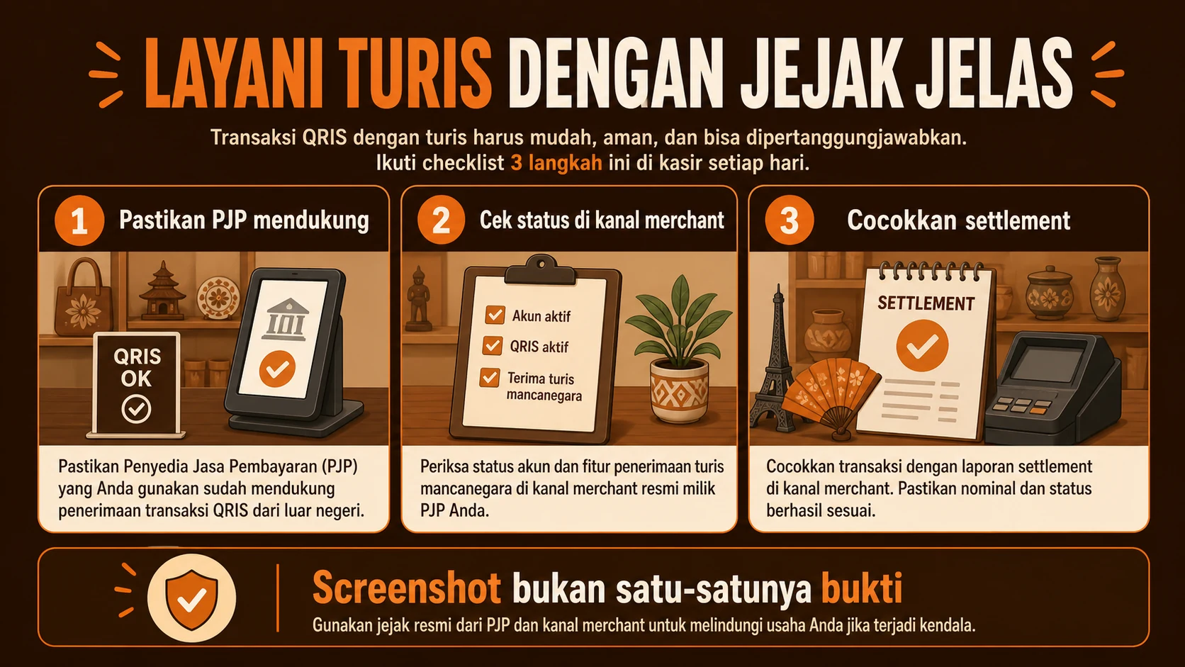 Alur kasir melayani wisatawan asing dengan jejak pembayaran yang dapat ditelusuri.