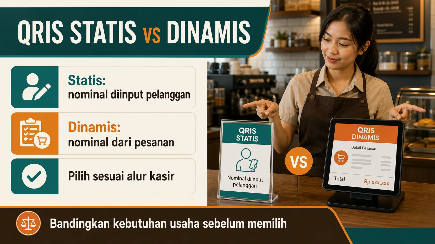 Perbandingan QRIS statis dan dinamis berdasarkan pengisian nominal, kecepatan kasir, dan kebutuhan integrasi.