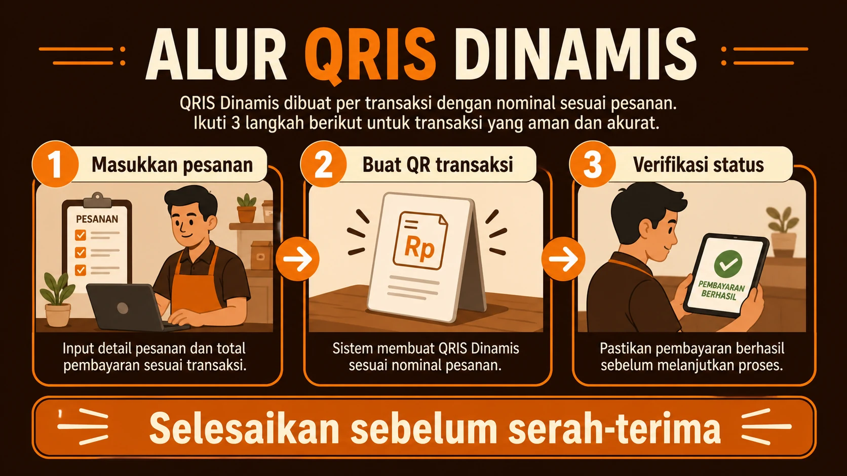 Pemeriksaan nama penerima, nominal, dan status transaksi sebelum pesanan diserahkan.