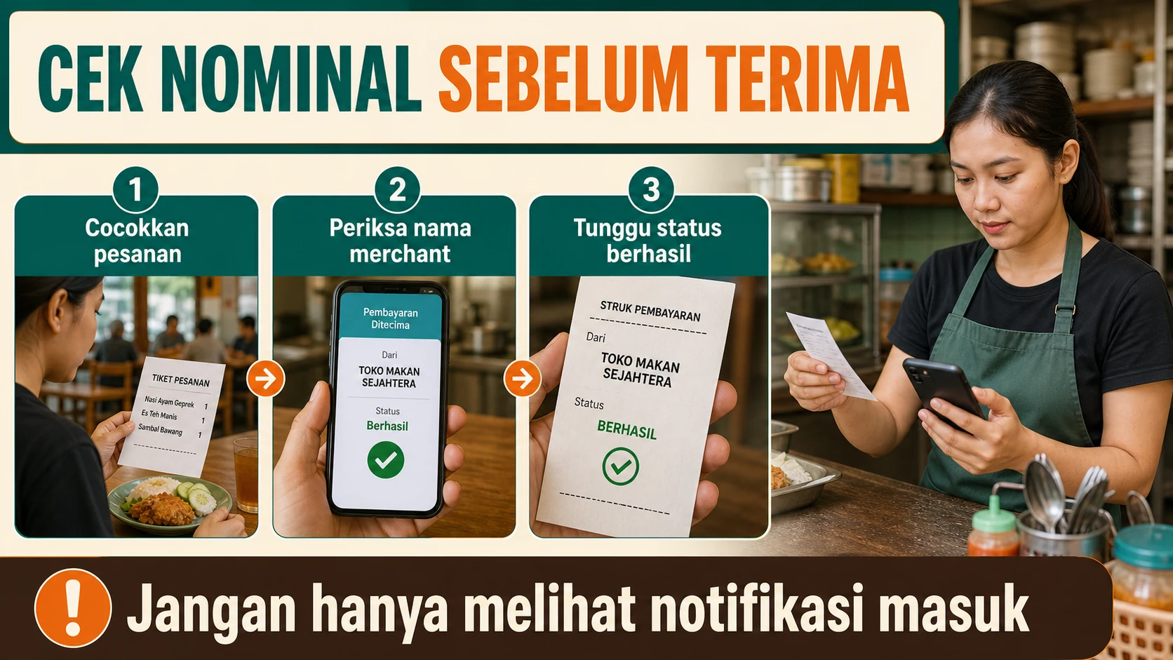Alur QRIS dinamis dari input order, pembuatan QR, pembayaran, sampai pencatatan referensi.