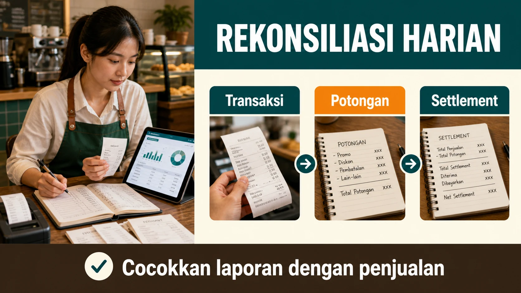 Rekonsiliasi harian order, gross, MDR, net, settlement, dan selisih.
