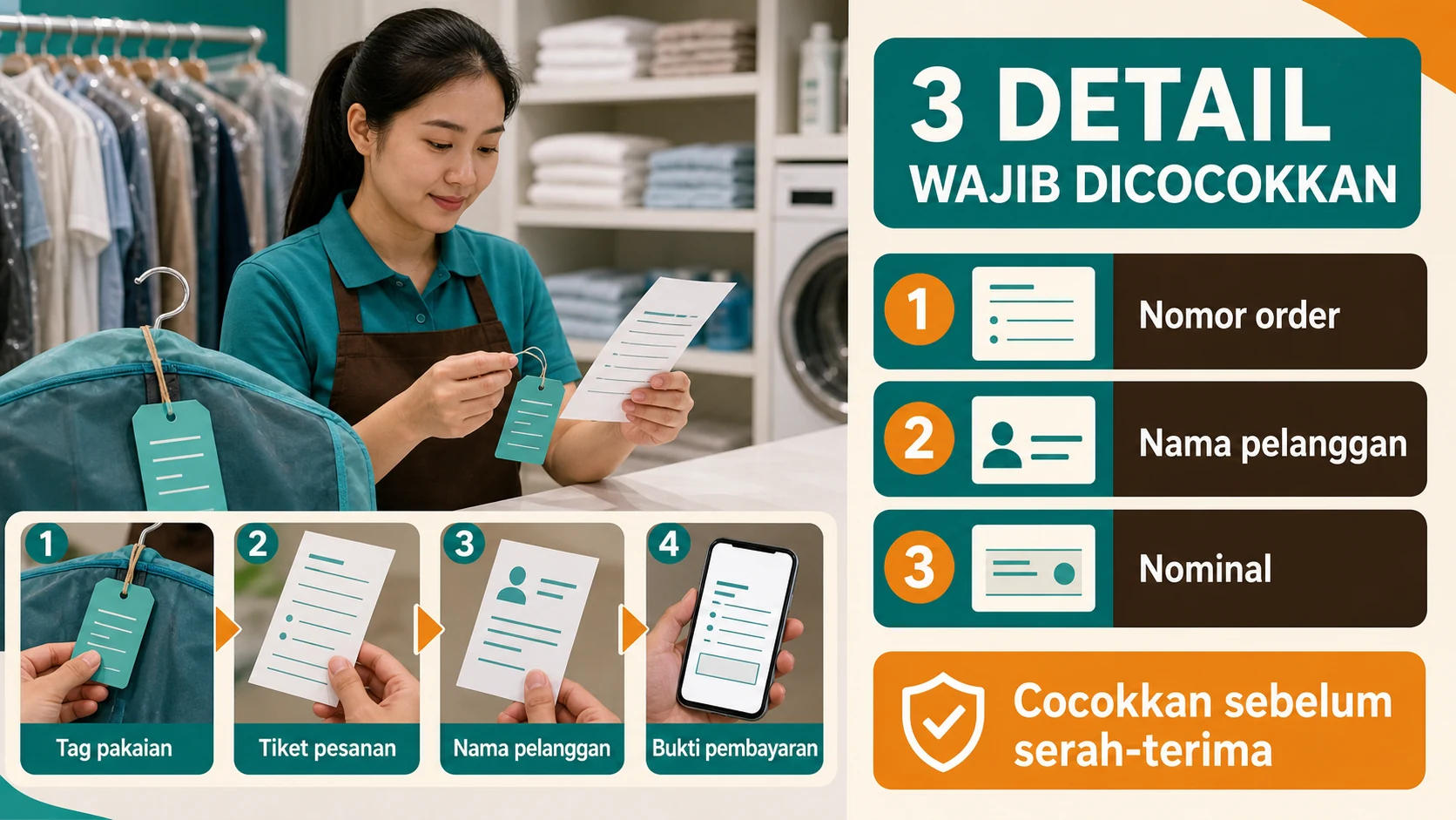Nomor order menghubungkan pakaian, layanan, tagihan, pembayaran, dan serah terima.