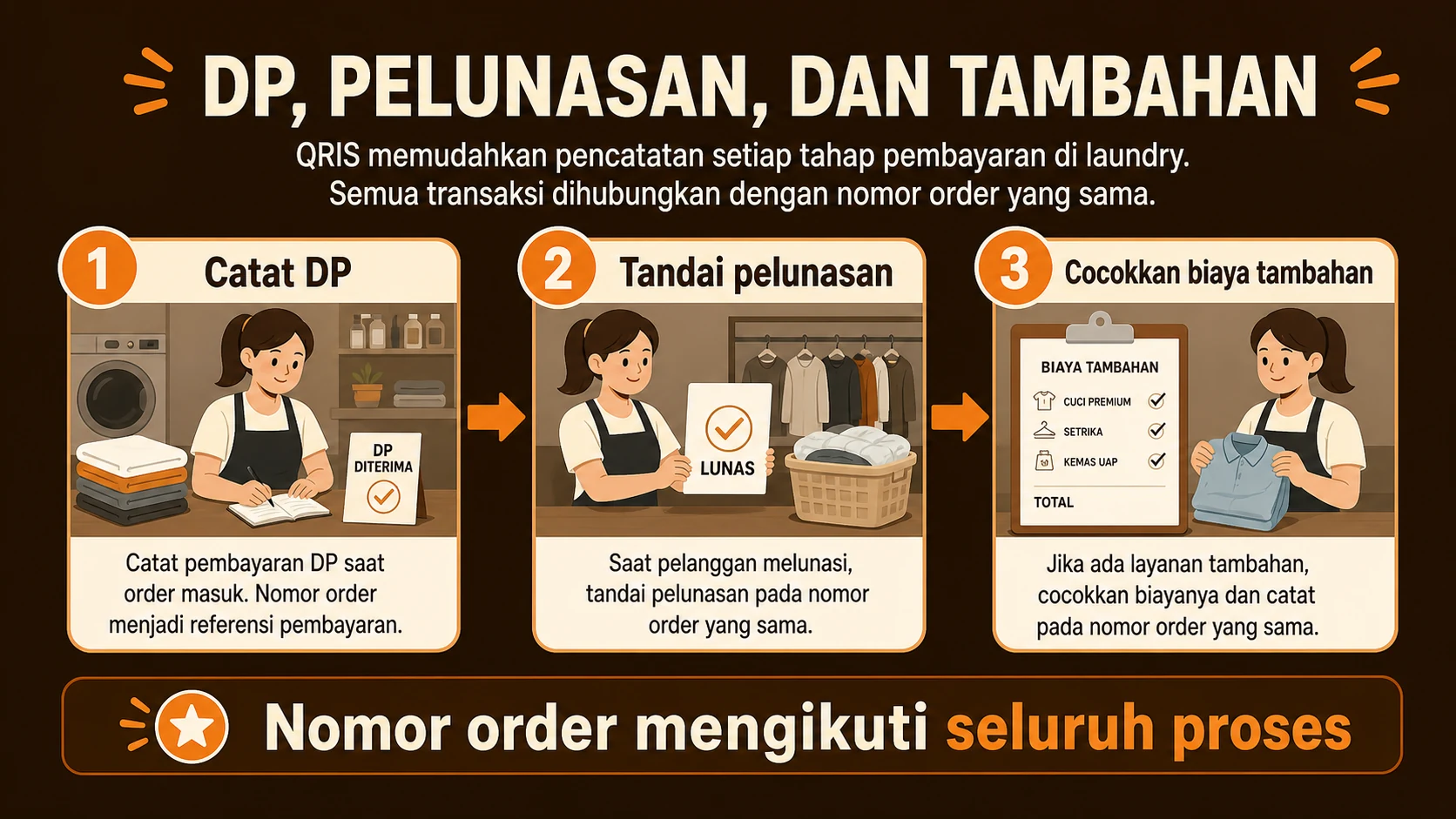 Alur uang muka, perubahan berat atau layanan, biaya tambahan, dan pelunasan laundry.