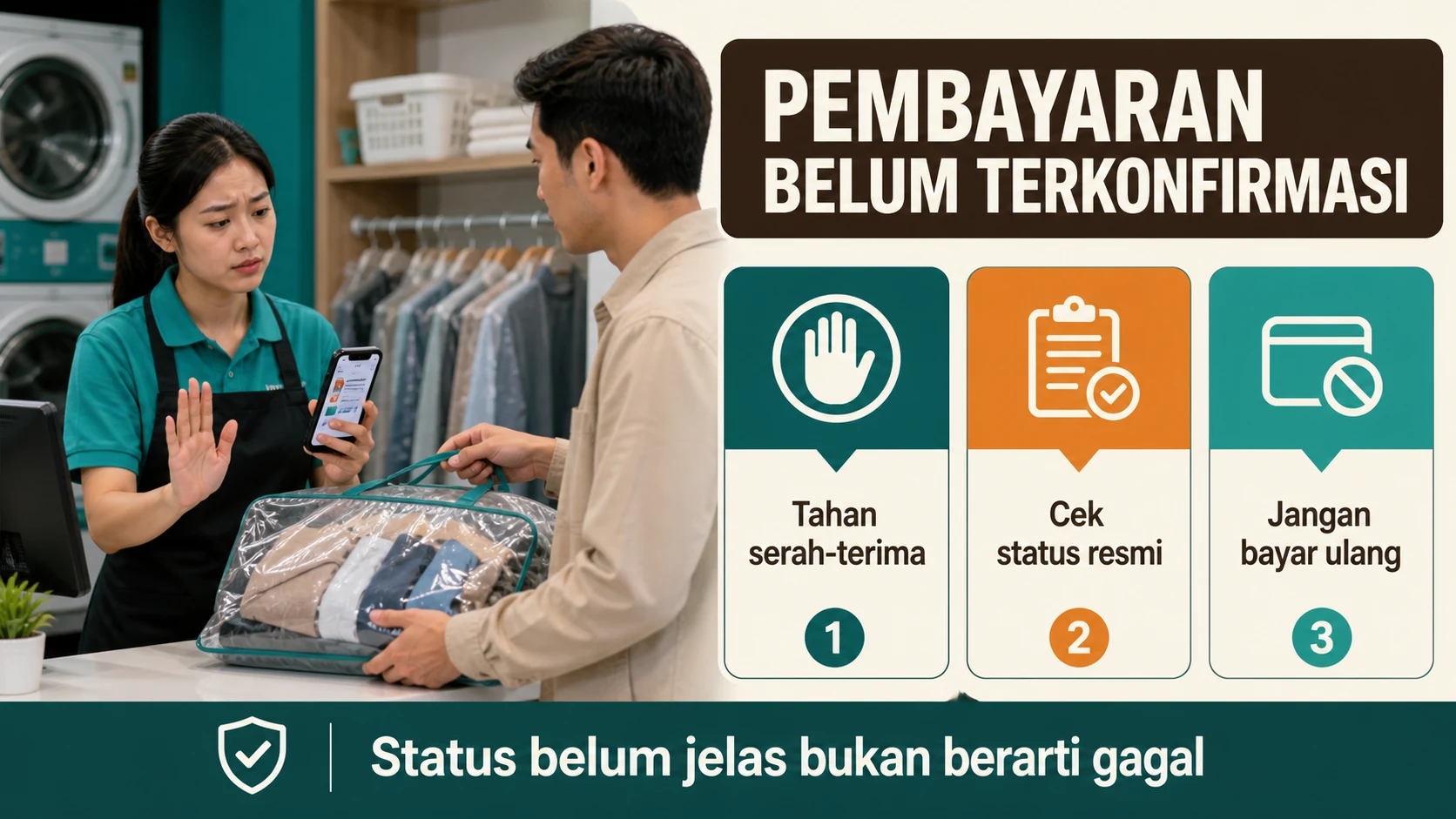 Rekonsiliasi order laundry dengan gross, MDR, net, dan settlement QRIS.
