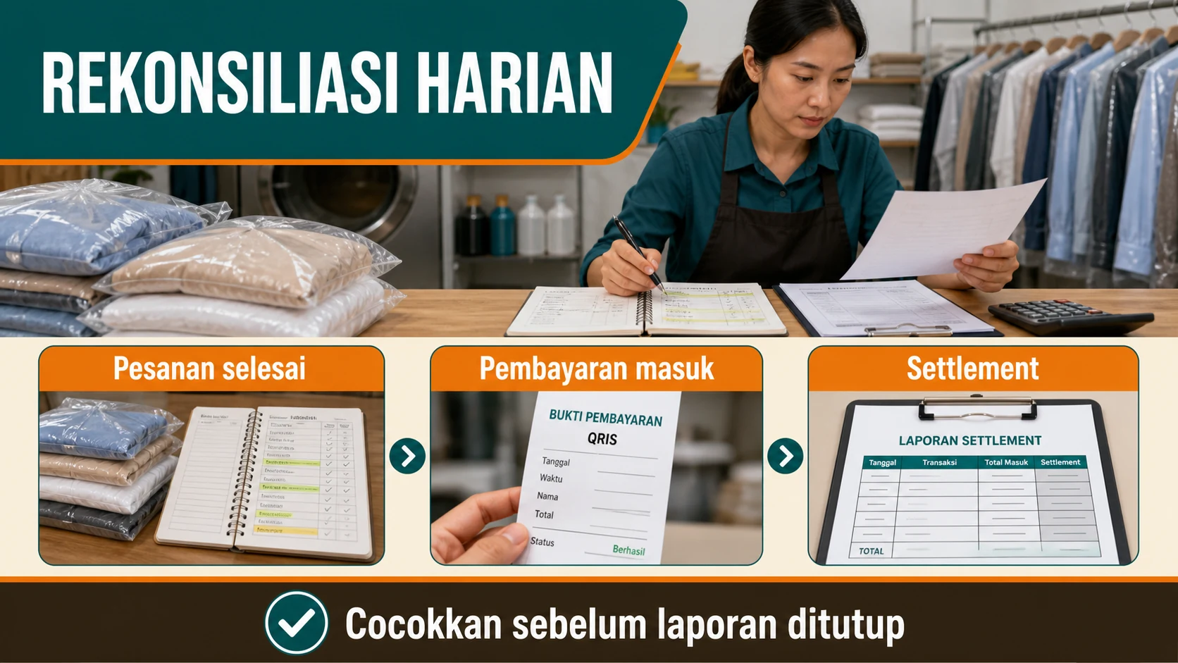 Kontrol saat pembayaran laundry pending, kurang bayar, atau belum terkonfirmasi.