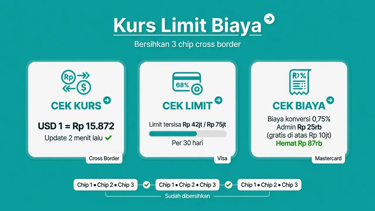 Alur kerja memilih kanal dengan memperhatikan kurs, biaya, dan limit.