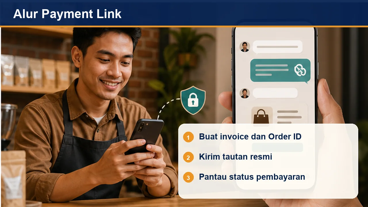 Alur Payment Link: Buat invoice dan Order ID; Kirim tautan resmi; Pantau status pembayaran