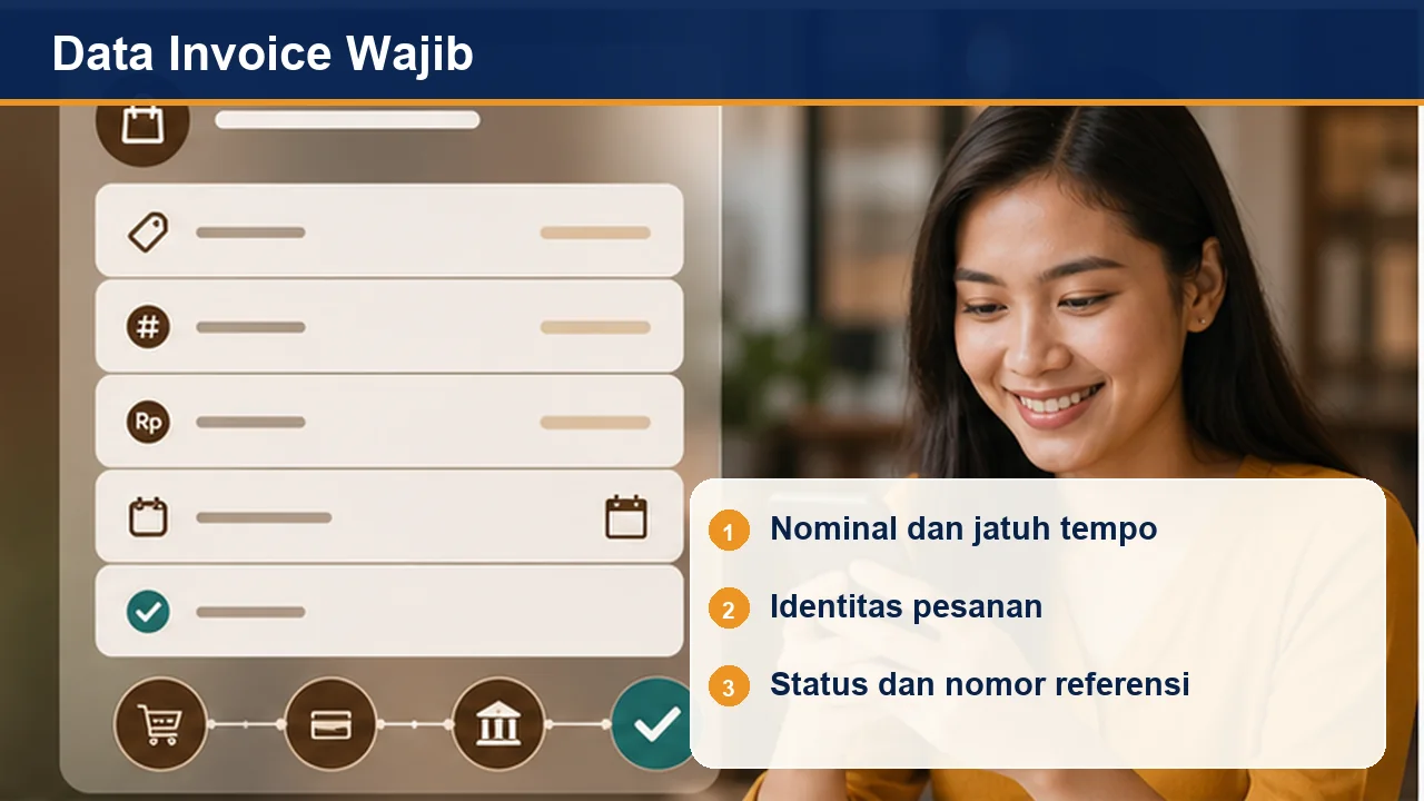 Data Invoice Wajib: Nominal dan jatuh tempo; Identitas pesanan; Status dan nomor referensi