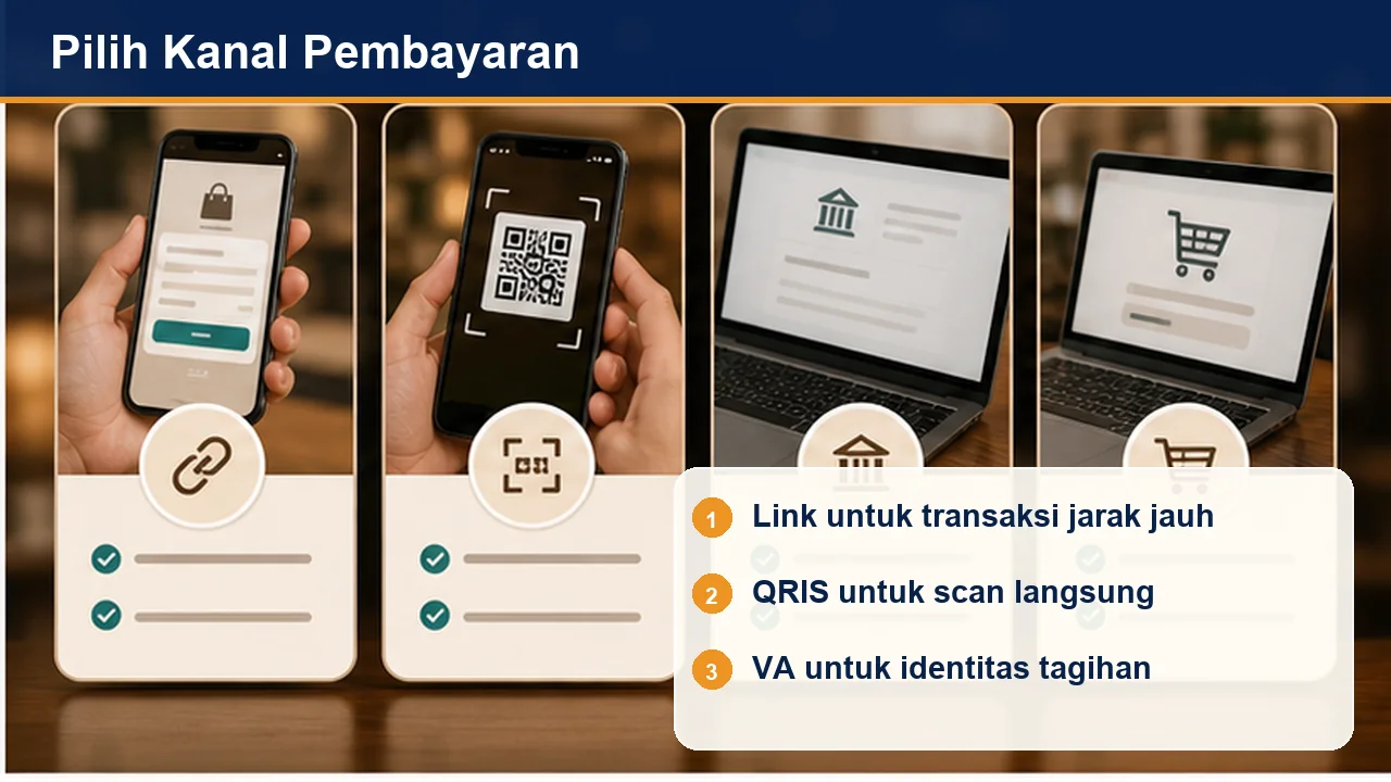 Pilih Kanal Pembayaran: Link untuk transaksi jarak jauh; QRIS untuk scan langsung; VA untuk identitas tagihan