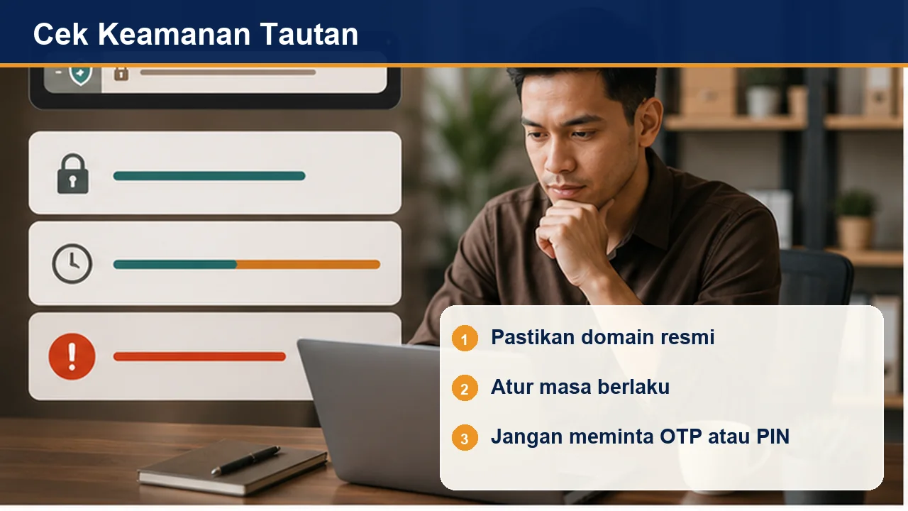 Cek Keamanan Tautan: Pastikan domain resmi; Atur masa berlaku; Jangan meminta OTP atau PIN