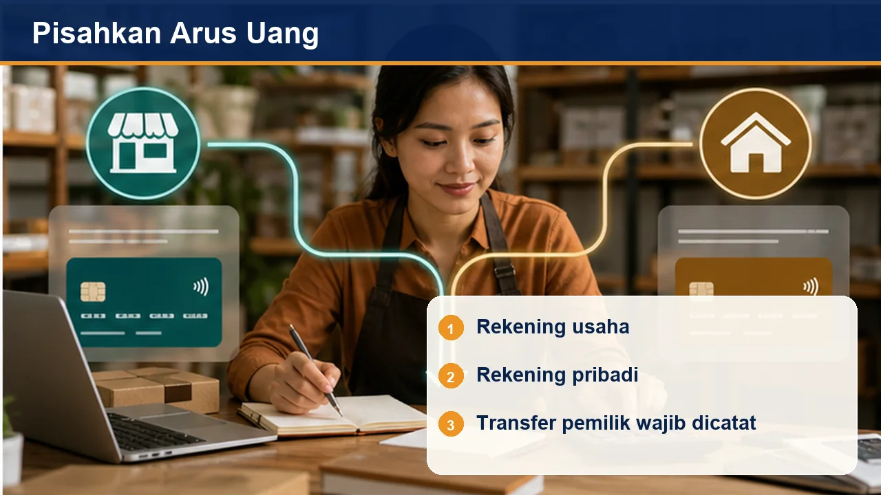 Pisahkan Arus Uang: Rekening usaha; Rekening pribadi; Transfer pemilik wajib dicatat