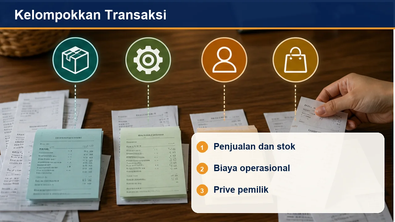 Kelompokkan Transaksi: Penjualan dan stok; Biaya operasional; Prive pemilik