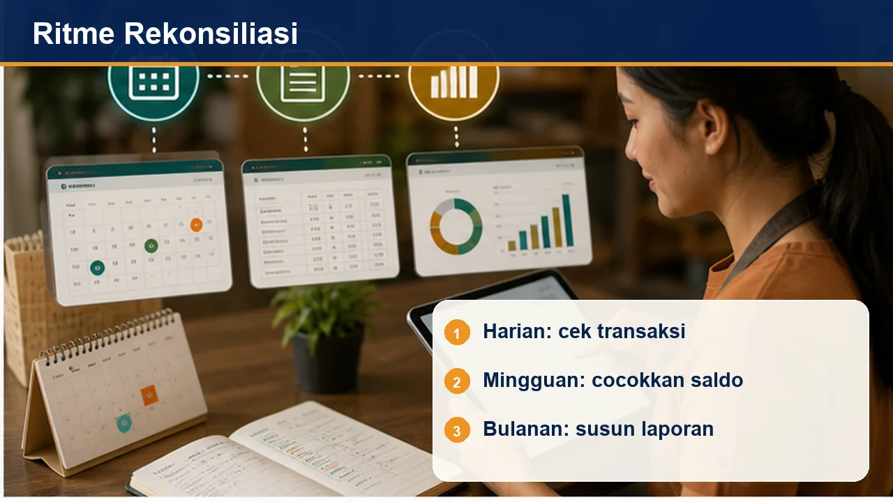 Ritme Rekonsiliasi: Harian: cek transaksi; Mingguan: cocokkan saldo; Bulanan: susun laporan