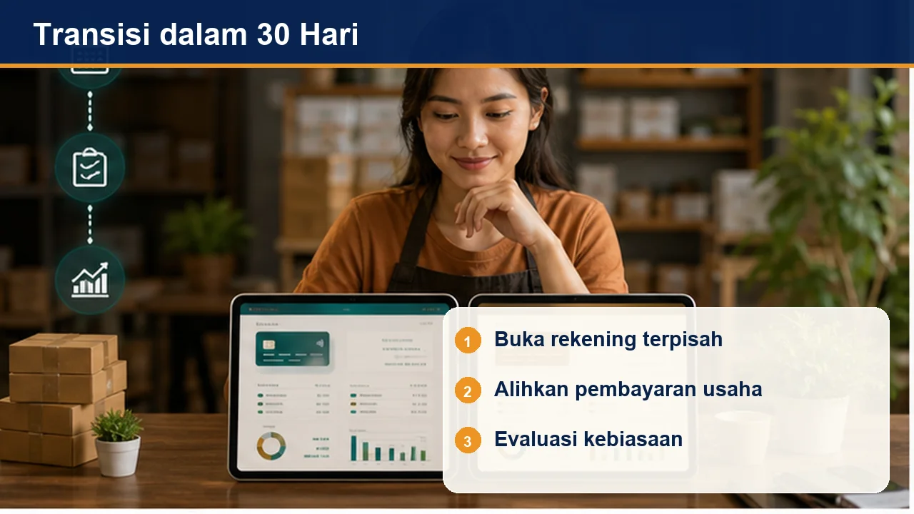Transisi dalam 30 Hari: Buka rekening terpisah; Alihkan pembayaran usaha; Evaluasi kebiasaan