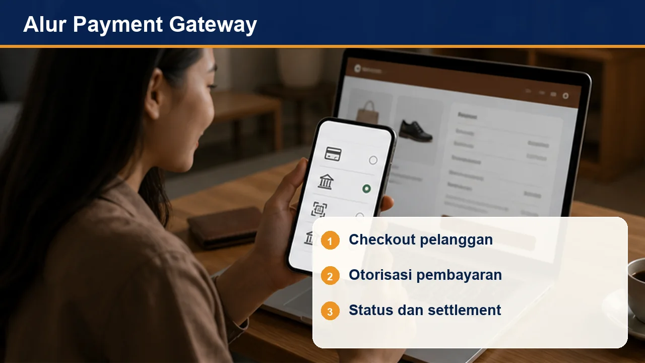 Alur Payment Gateway: Checkout pelanggan; Otorisasi pembayaran; Status dan settlement