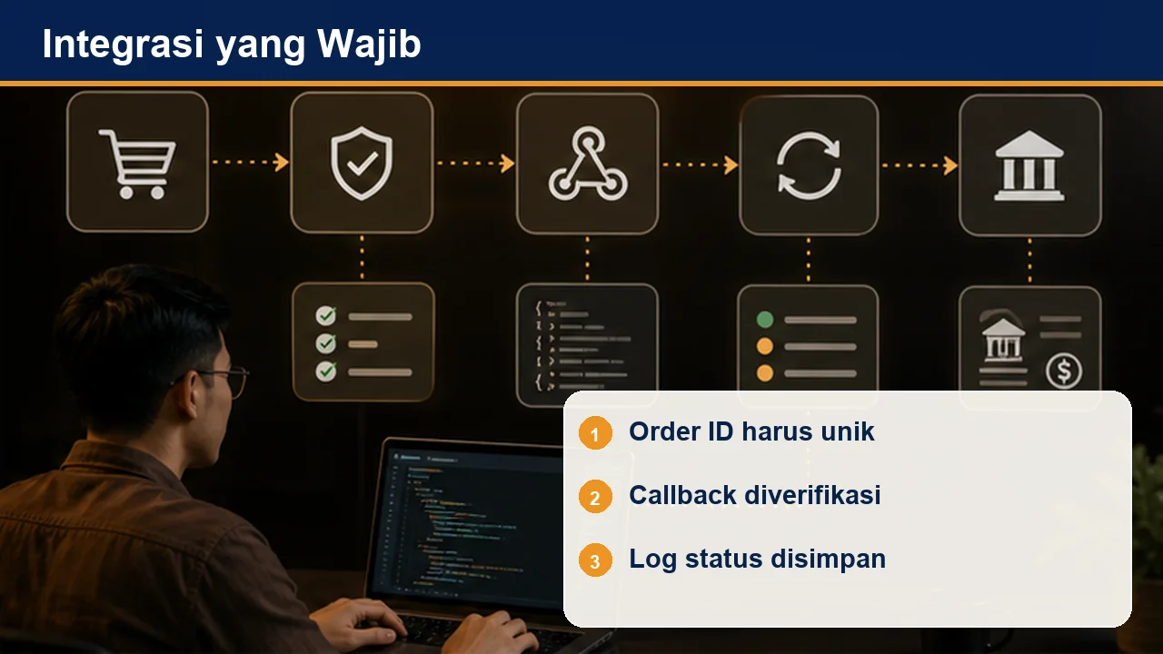Integrasi yang Wajib: Order ID harus unik; Callback diverifikasi; Log status disimpan