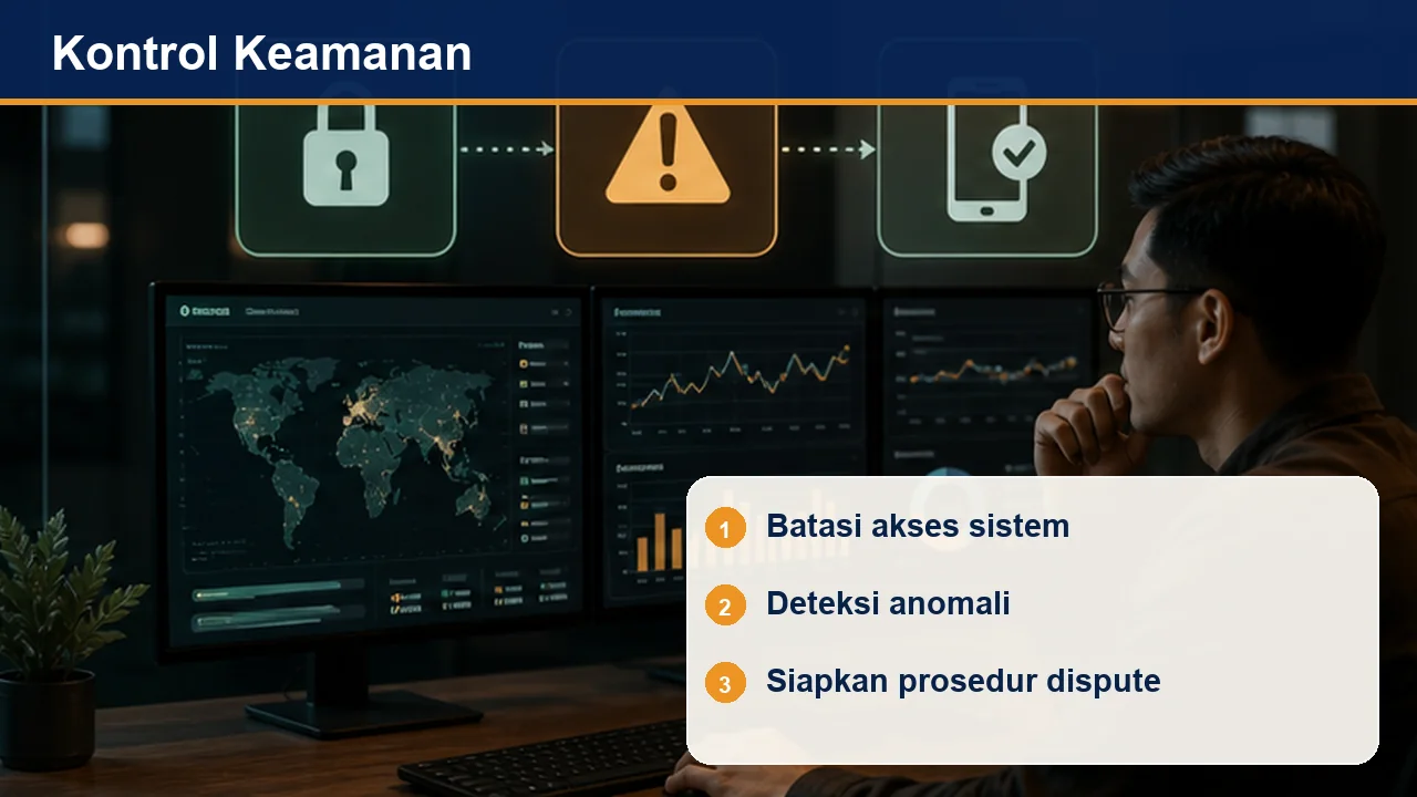 Kontrol Keamanan: Batasi akses sistem; Deteksi anomali; Siapkan prosedur dispute