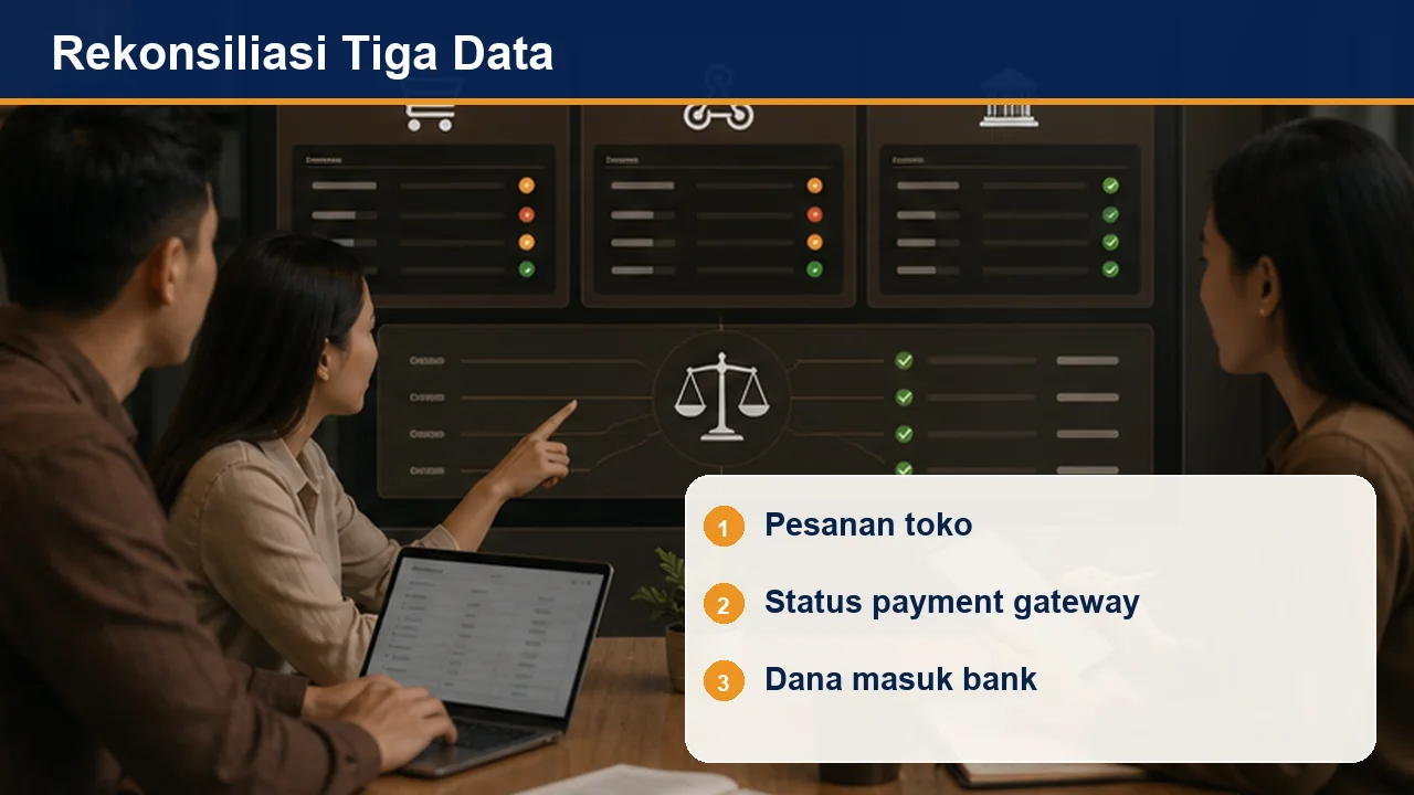 Rekonsiliasi Tiga Data: Pesanan toko; Status payment gateway; Dana masuk bank