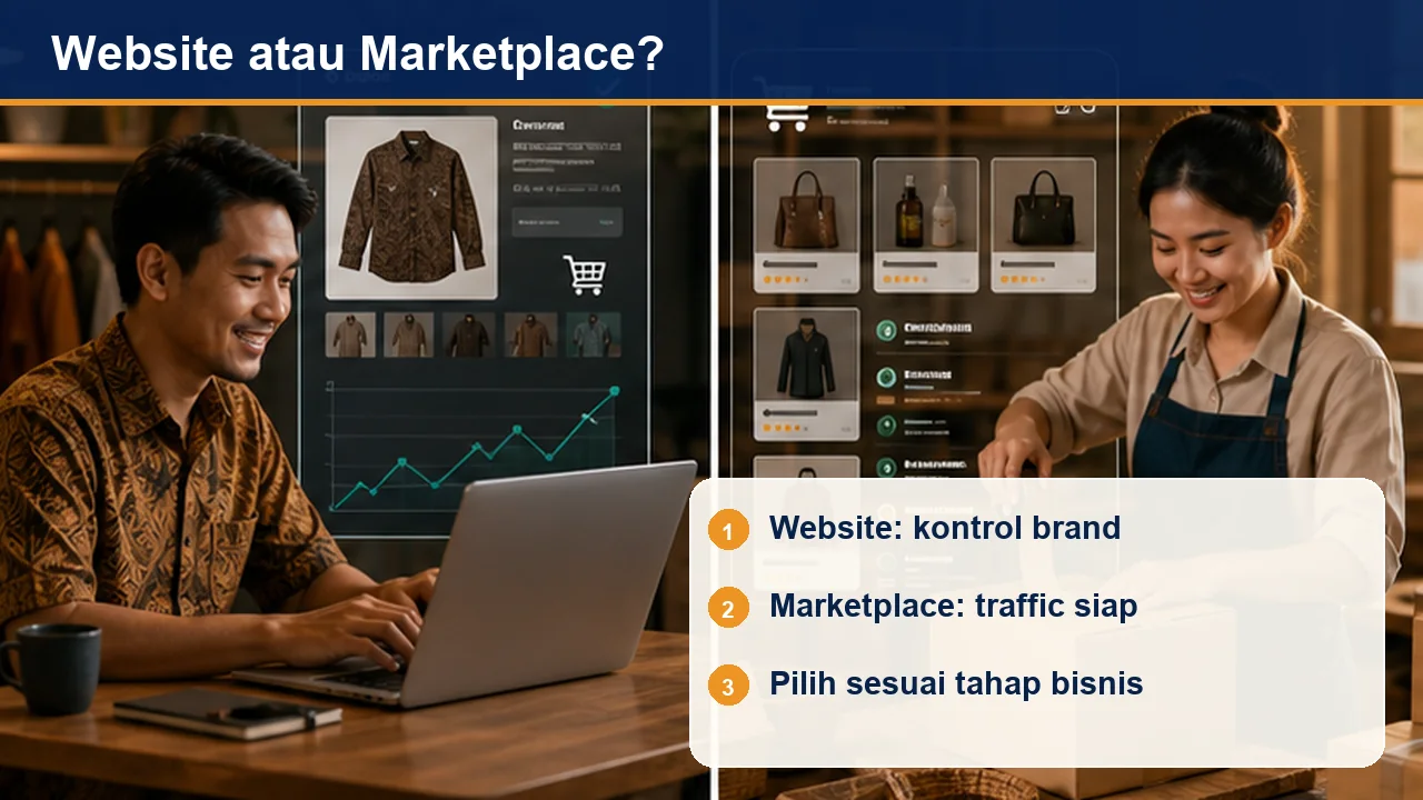 Website atau Marketplace?: Website: kontrol brand; Marketplace: traffic siap; Pilih sesuai tahap bisnis