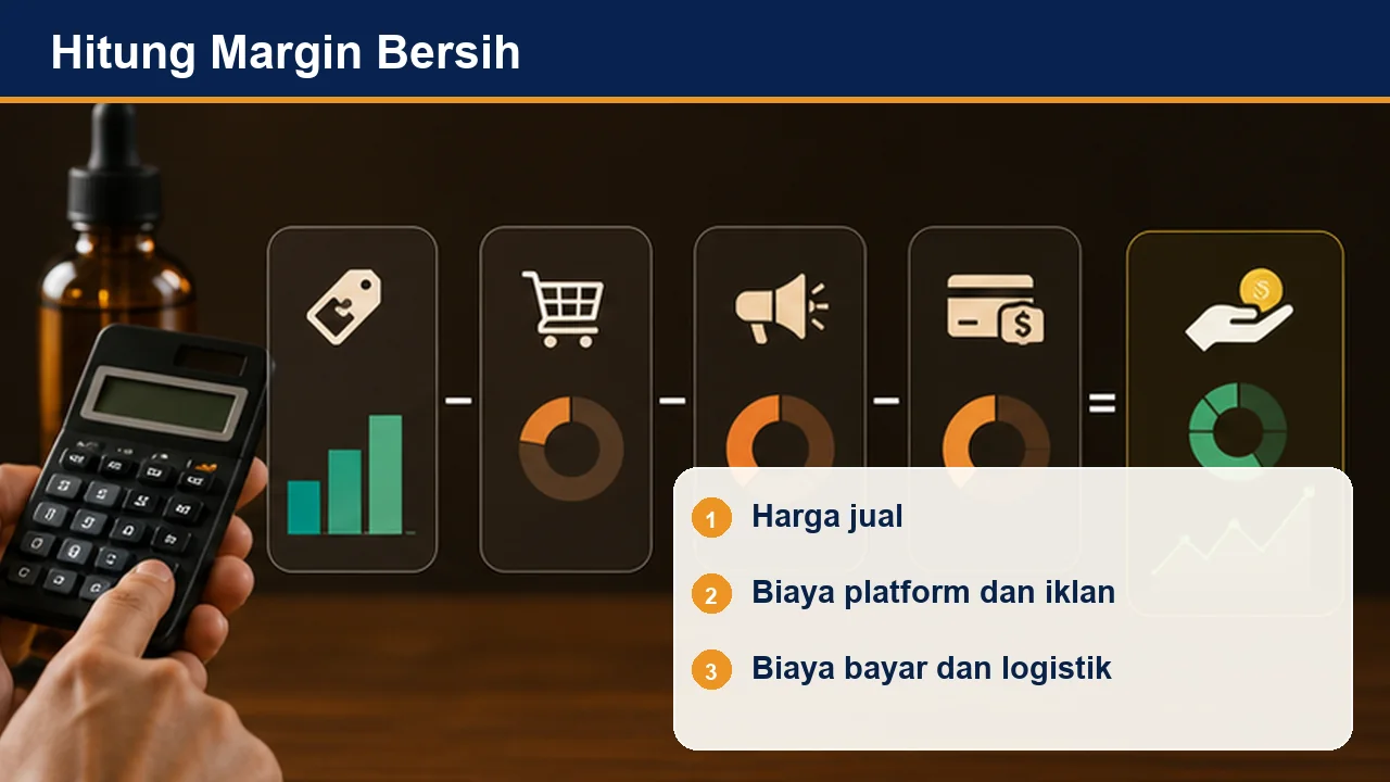Hitung Margin Bersih: Harga jual; Biaya platform dan iklan; Biaya bayar dan logistik