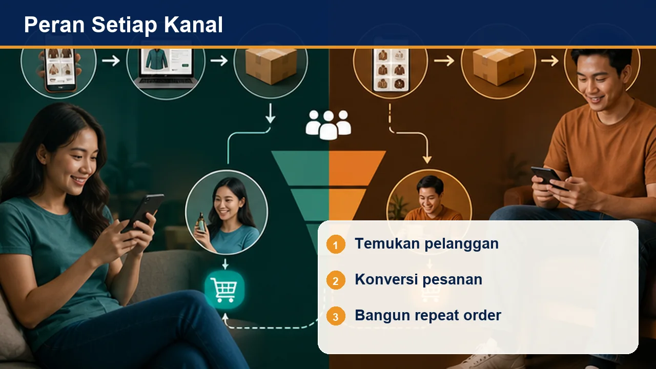 Peran Setiap Kanal: Temukan pelanggan; Konversi pesanan; Bangun repeat order
