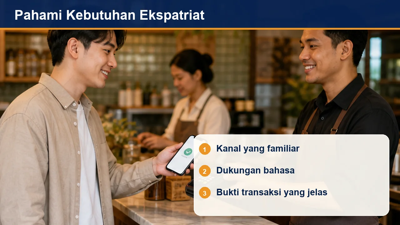 Pahami Kebutuhan Ekspatriat: Kanal yang familiar; Dukungan bahasa; Bukti transaksi yang jelas