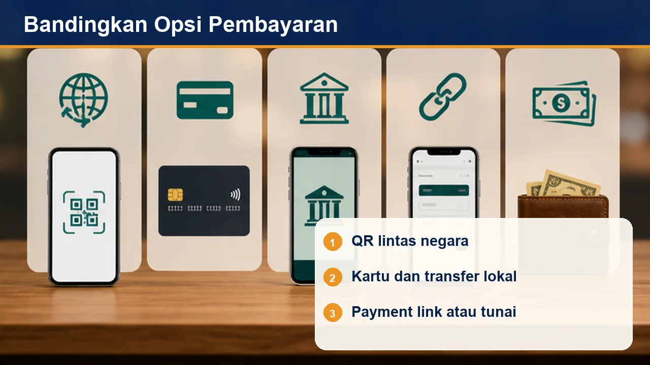 Bandingkan Opsi Pembayaran: QR lintas negara; Kartu dan transfer lokal; Payment link atau tunai