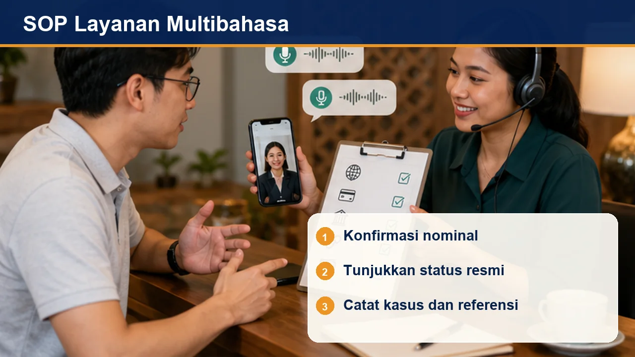 SOP Layanan Multibahasa: Konfirmasi nominal; Tunjukkan status resmi; Catat kasus dan referensi
