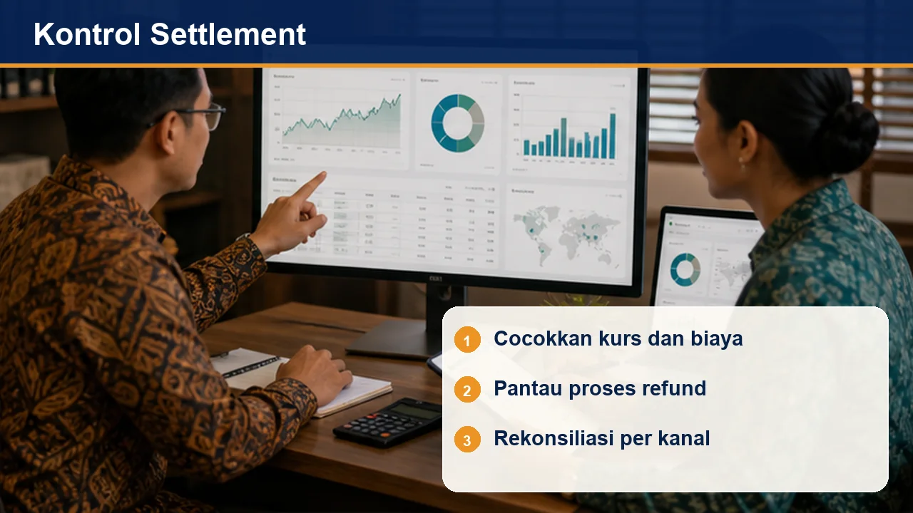 Kontrol Settlement: Cocokkan kurs dan biaya; Pantau proses refund; Rekonsiliasi per kanal