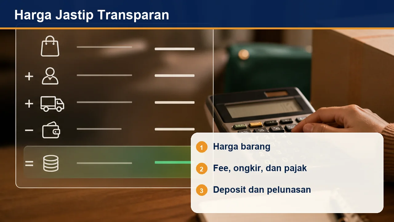 Harga Jastip Transparan: Harga barang; Fee, ongkir, dan pajak; Deposit dan pelunasan