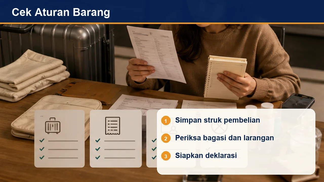 Cek Aturan Barang: Simpan struk pembelian; Periksa bagasi dan larangan; Siapkan deklarasi