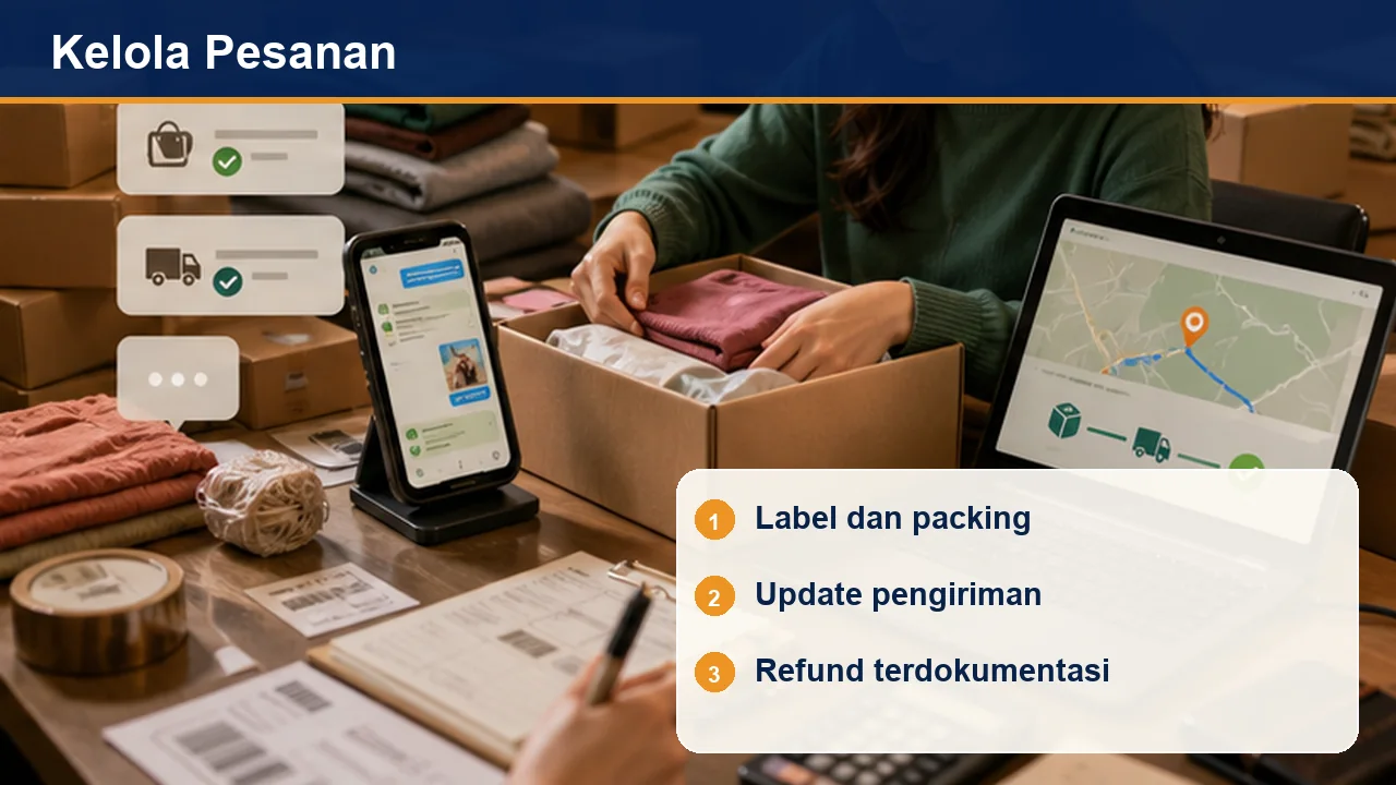 Kelola Pesanan: Label dan packing; Update pengiriman; Refund terdokumentasi