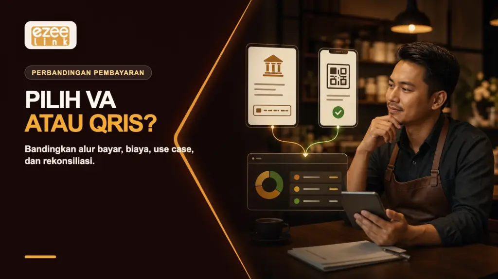 Pemilik bisnis membandingkan Virtual Account dan QRIS dengan dua alur pembayaran dan dashboard rekonsiliasi.