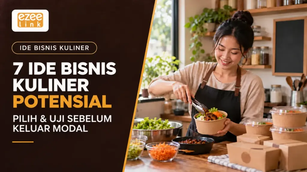 Cover 7 ide bisnis kuliner potensial dengan lockup Ezeelink resmi, headline, dan subheadline tertanam di gambar