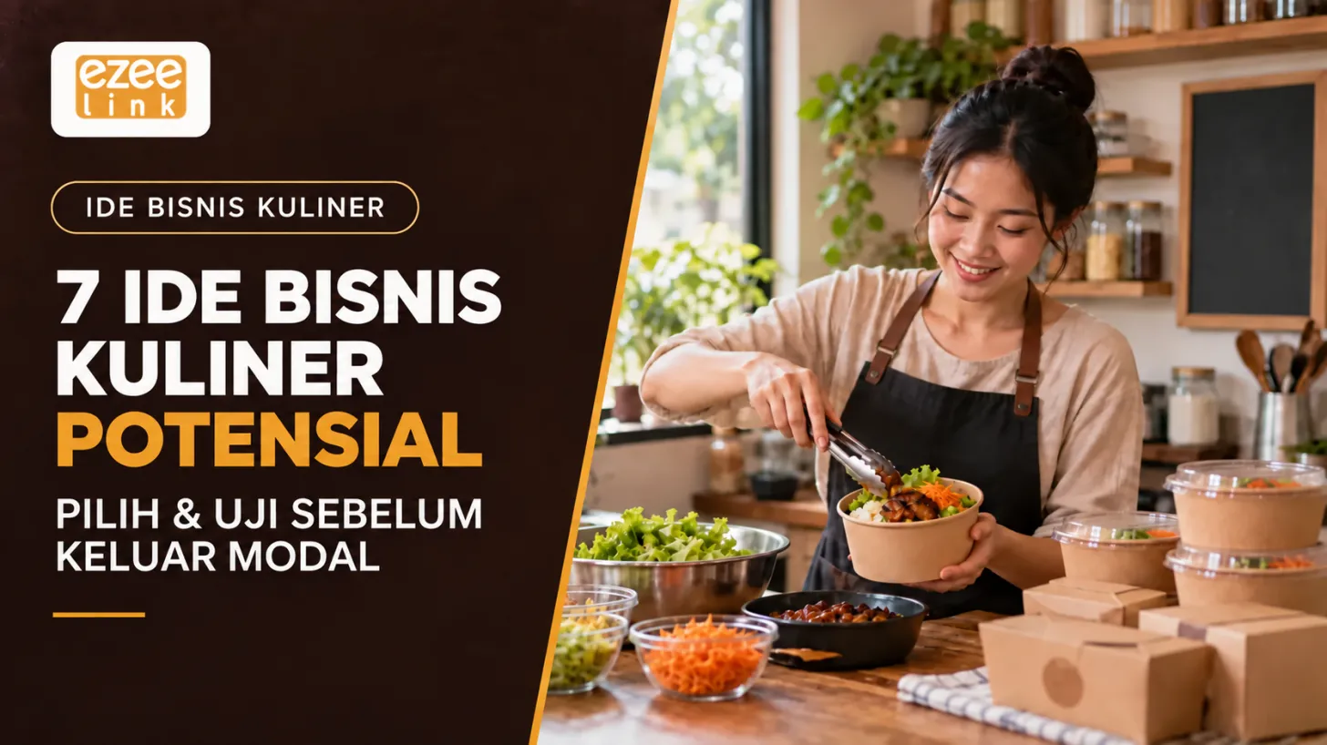 Cover 7 ide bisnis kuliner potensial dengan lockup Ezeelink resmi, headline, dan subheadline tertanam di gambar