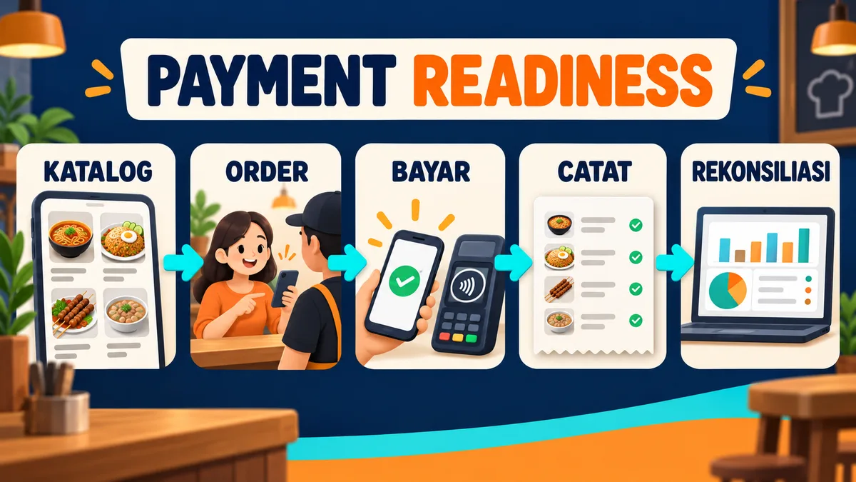 Infografis alur payment readiness: katalog, order, bayar, catat, dan rekonsiliasi