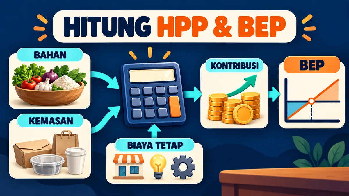 Infografis menghitung HPP dan BEP usaha kuliner dari bahan, kemasan, biaya tetap, hingga kontribusi