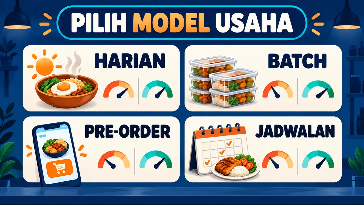 Infografis pilihan model usaha kuliner: harian, batch, pre-order, dan penjadwalan
