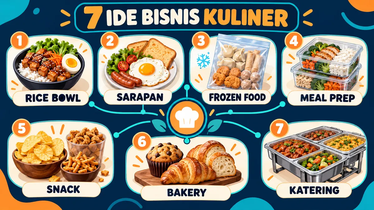 Infografis tujuh ide bisnis kuliner: rice bowl, sarapan, frozen food, meal prep, snack, bakery, dan katering