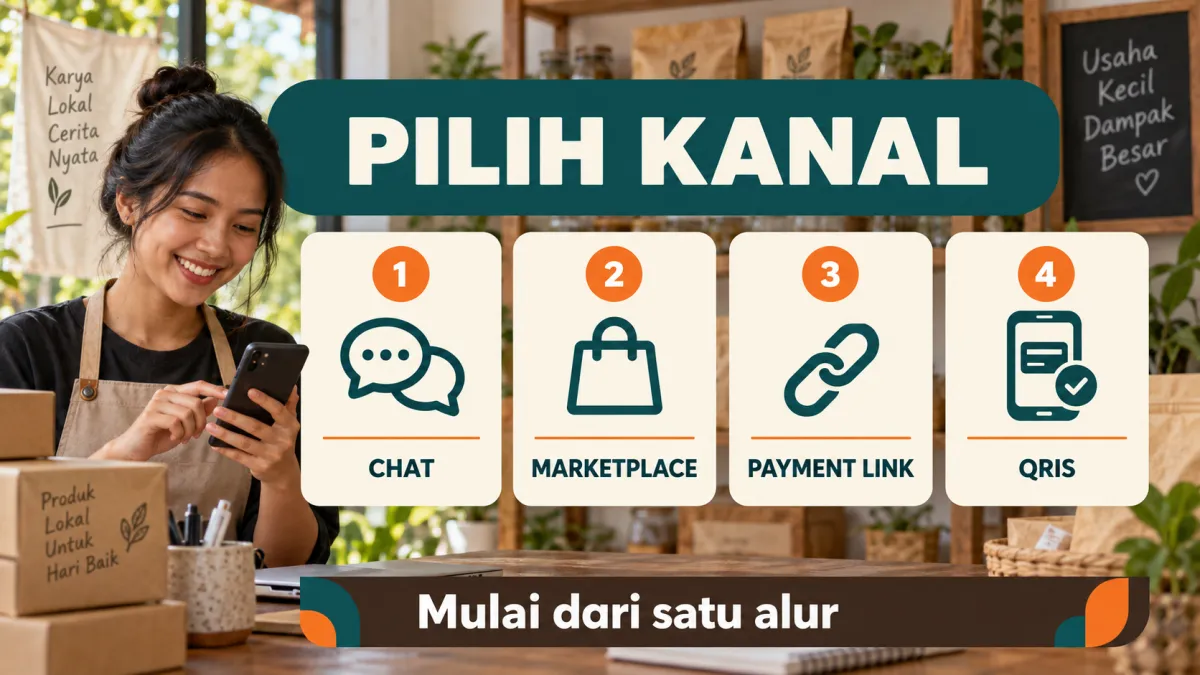 Peta pilihan kanal transaksi online untuk chat, marketplace, payment link, dan QRIS