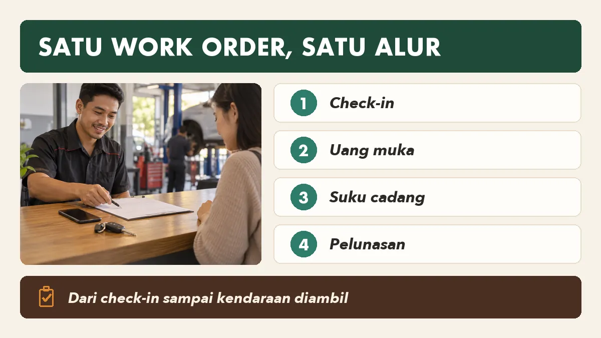 Alur pembayaran bengkel dari work order, uang muka, suku cadang, sampai pelunasan